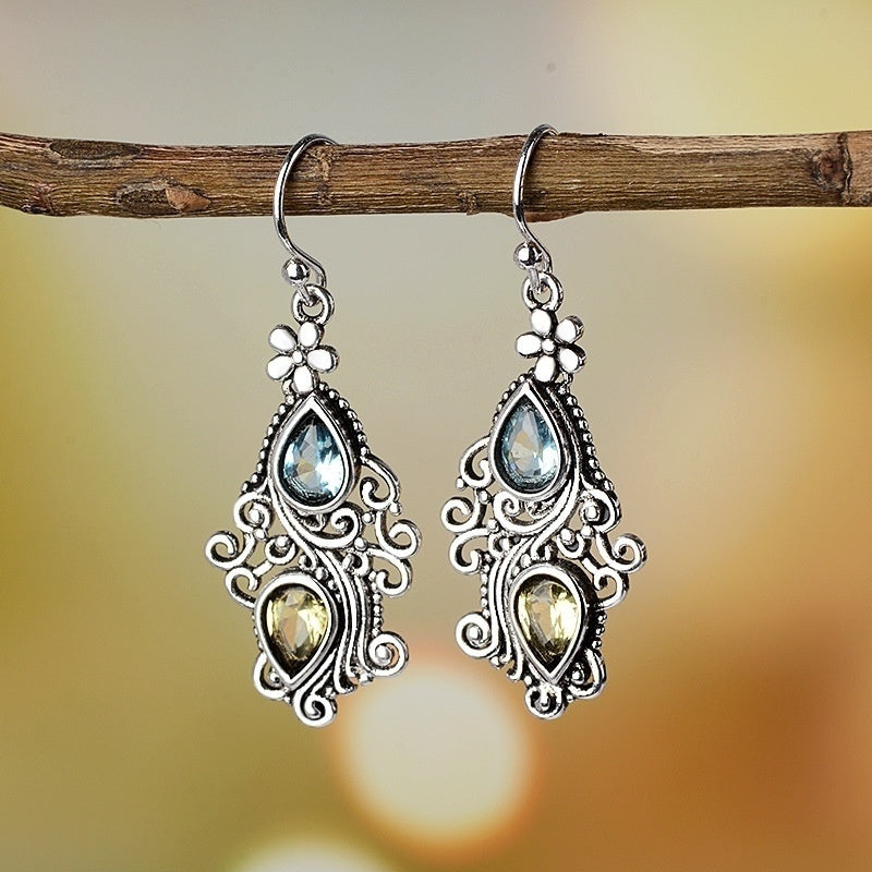 Retro Crystal Stone Pear Shaped Earrings - Creative Flower Water Drop for Women - Temperament Banquet Jewelry