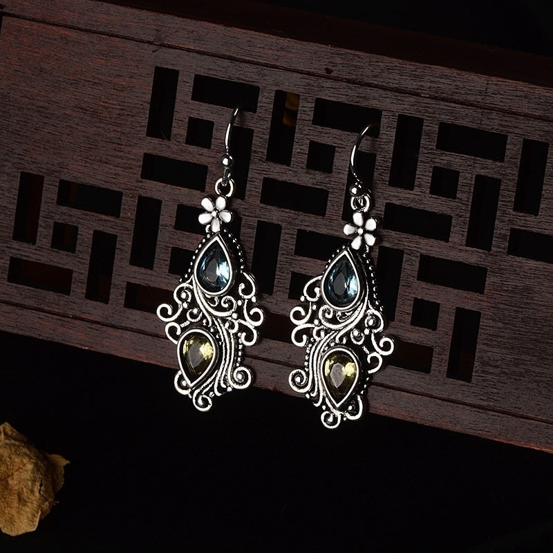 Retro Crystal Stone Pear Shaped Earrings - Creative Flower Water Drop for Women - Temperament Banquet Jewelry
