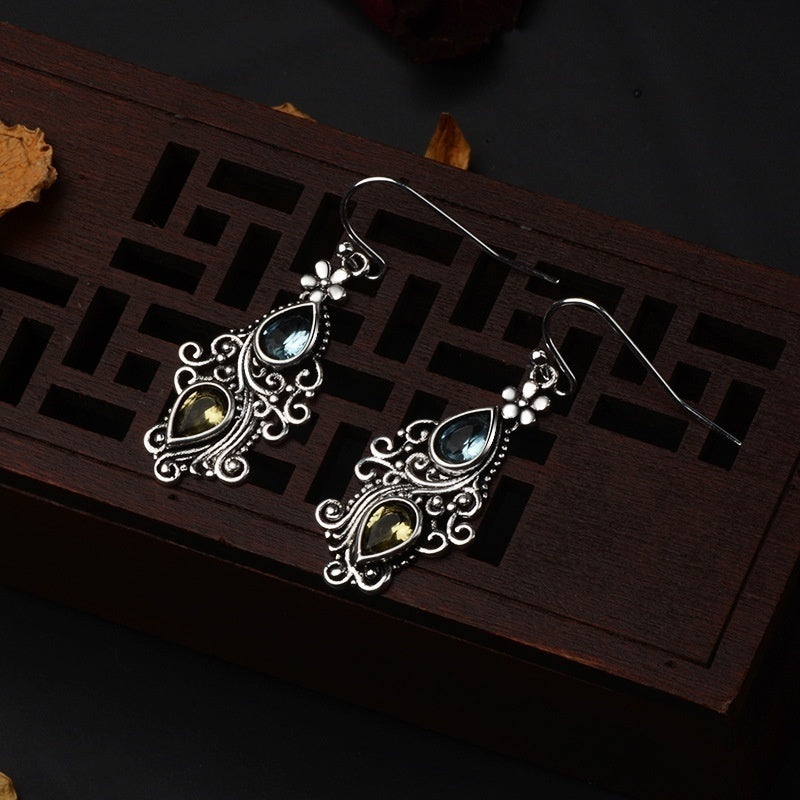 Retro Crystal Stone Pear Shaped Earrings - Creative Flower Water Drop for Women - Temperament Banquet Jewelry