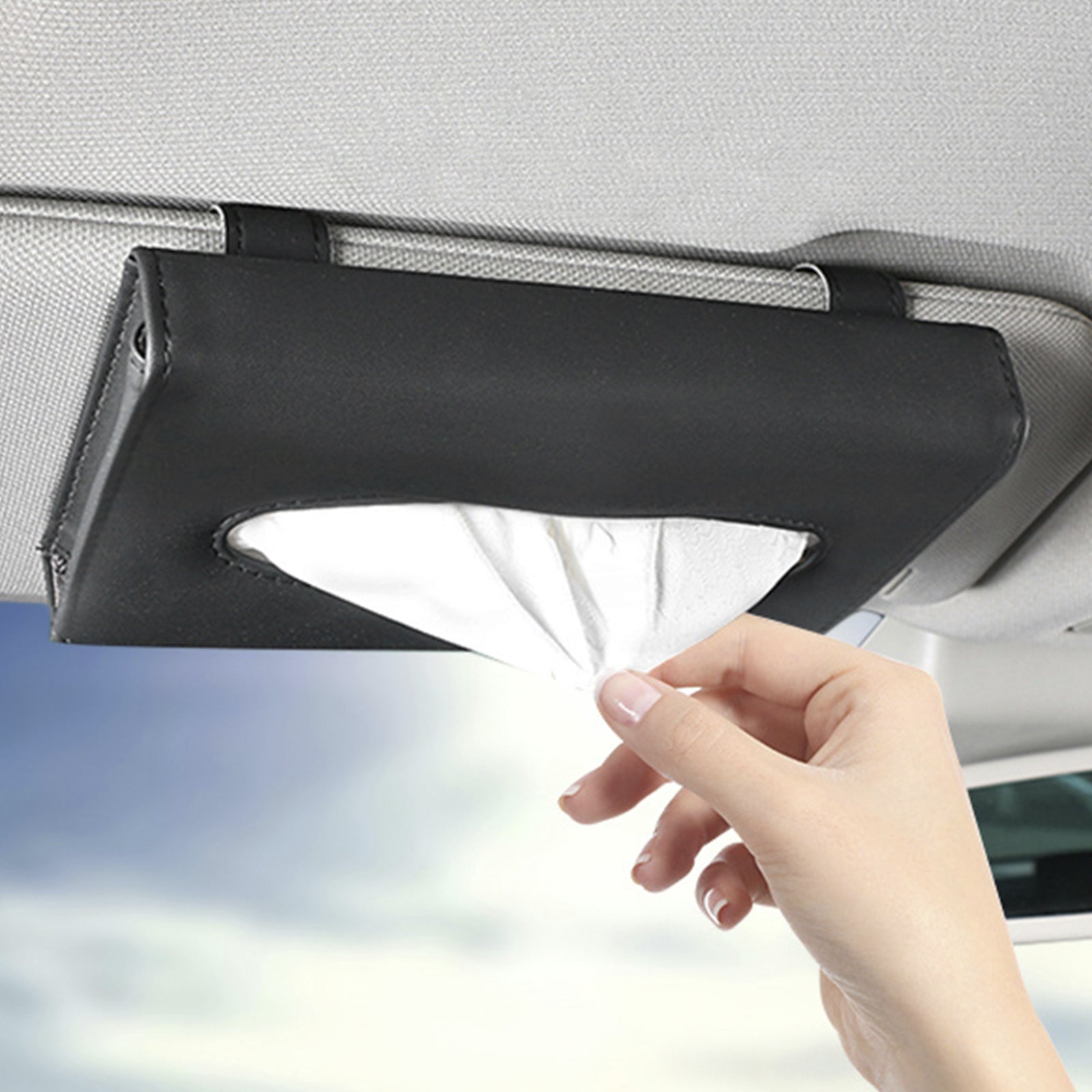 Elegant & Convenient Car Tissue and Mask Holder: Universal Sun Visor Attachment, Hygiene On-The-Go, Enhances Interior Decor