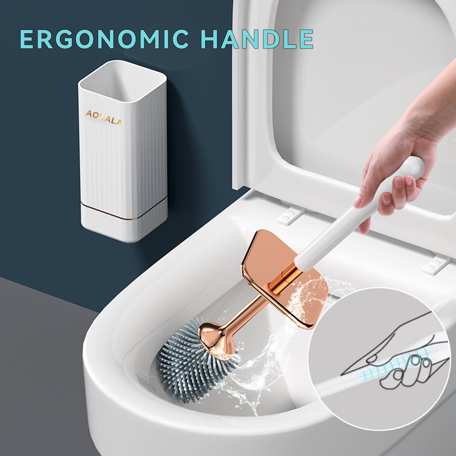 Aokala Toilet Brush and Holder Silicone Toilet Bowl Brush Set Long Handle Modern Bathroom Cleaning Durable Deep Cleaning