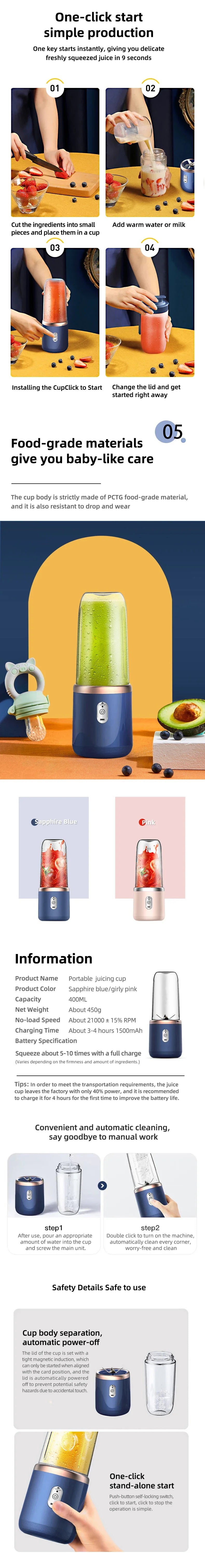 Portable Blender Bottle Electric 6 Blades - USB Rechargeable Smoothie Maker