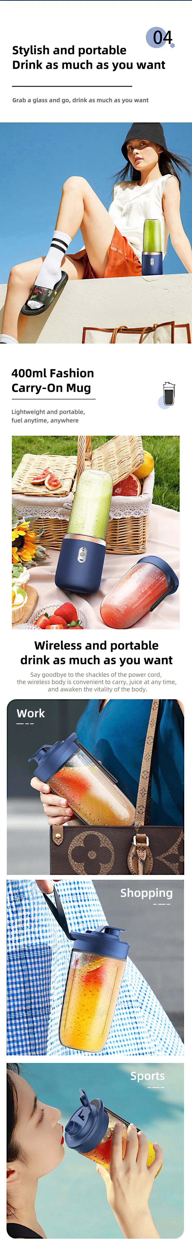 Portable Blender Bottle Electric 6 Blades - USB Rechargeable Smoothie Maker