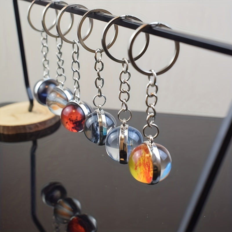 Glow In The Dark Solar System Planet Key Chain Nebula Luminous Key Ring Moon, Earth, Sun, Double-sided Glass Ball, Keychain Gift